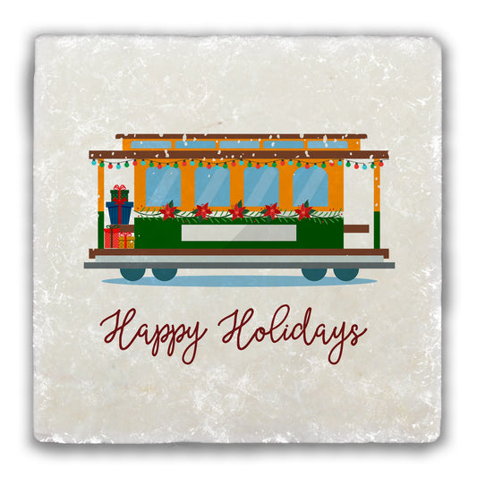 Happy Holidays Trolly Tumbled Stone Coaster