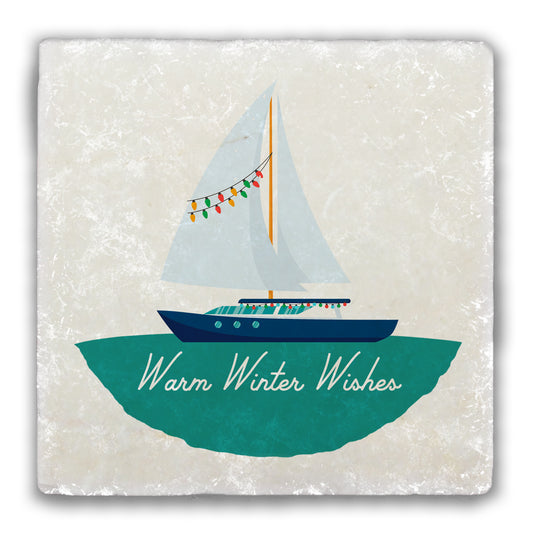 Warm Winter Wishes Sailboat Tumbled Stone Coaster