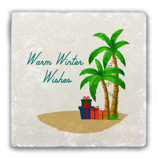 Warm Winter Wishes Palm Trees Tumbled Stone Coaster