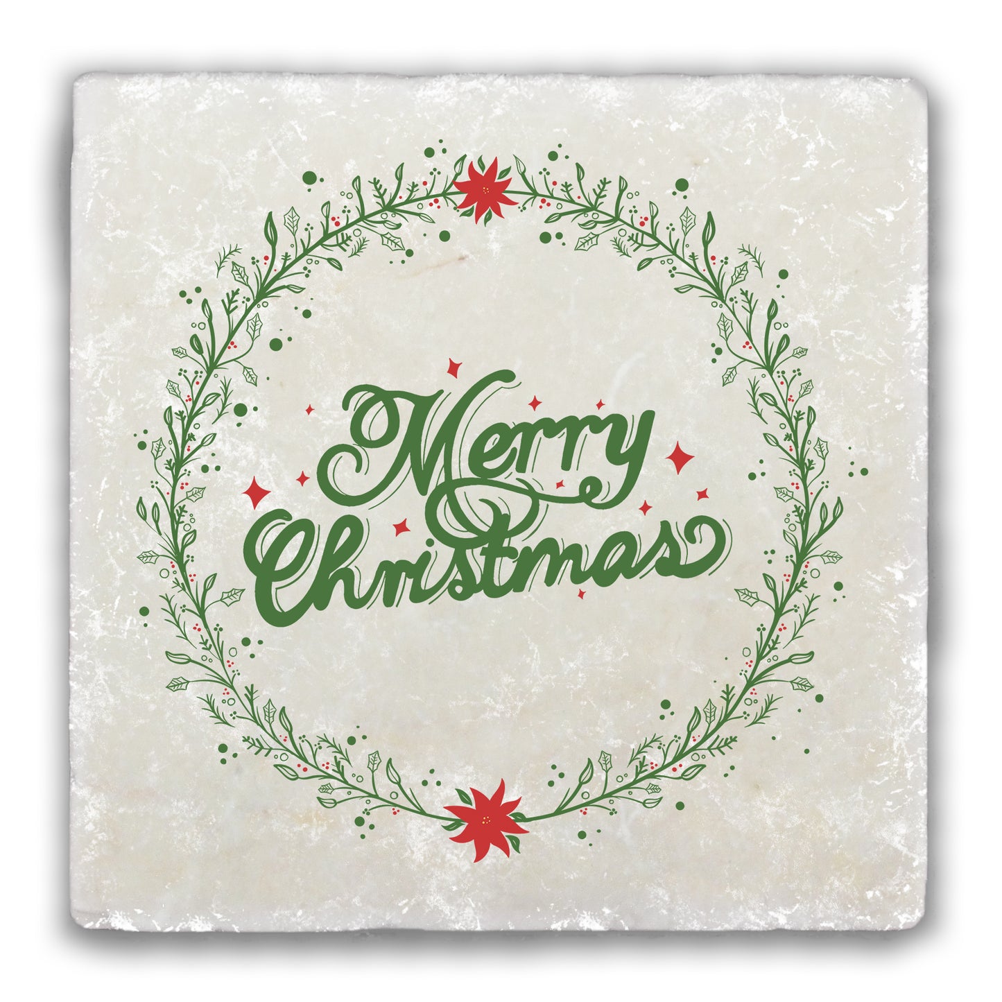 Merry Christmas Wreath Tumbled Stone Coaster