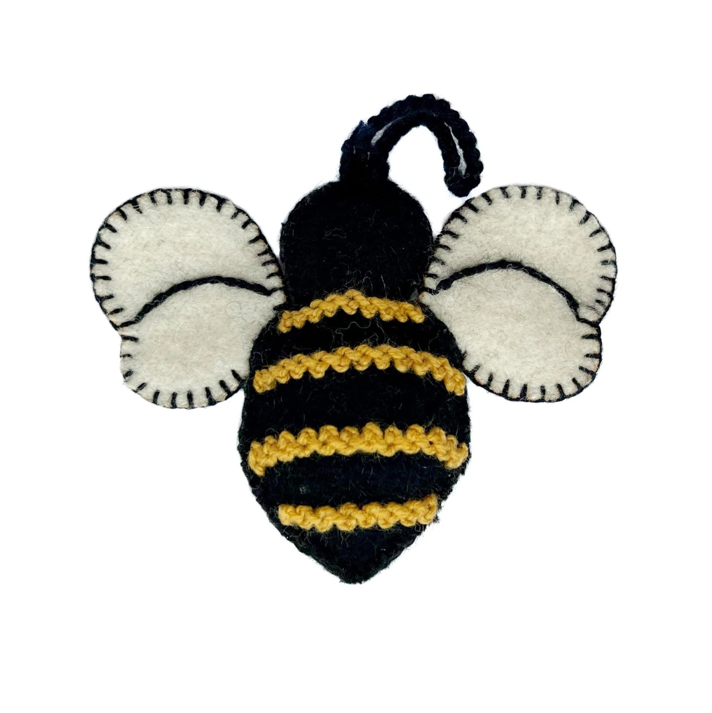 Bee Embroidered Wool Ornament, Open/Side View