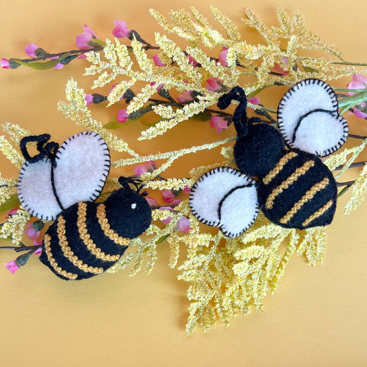 Bee Embroidered Wool Ornament, Open/Side View