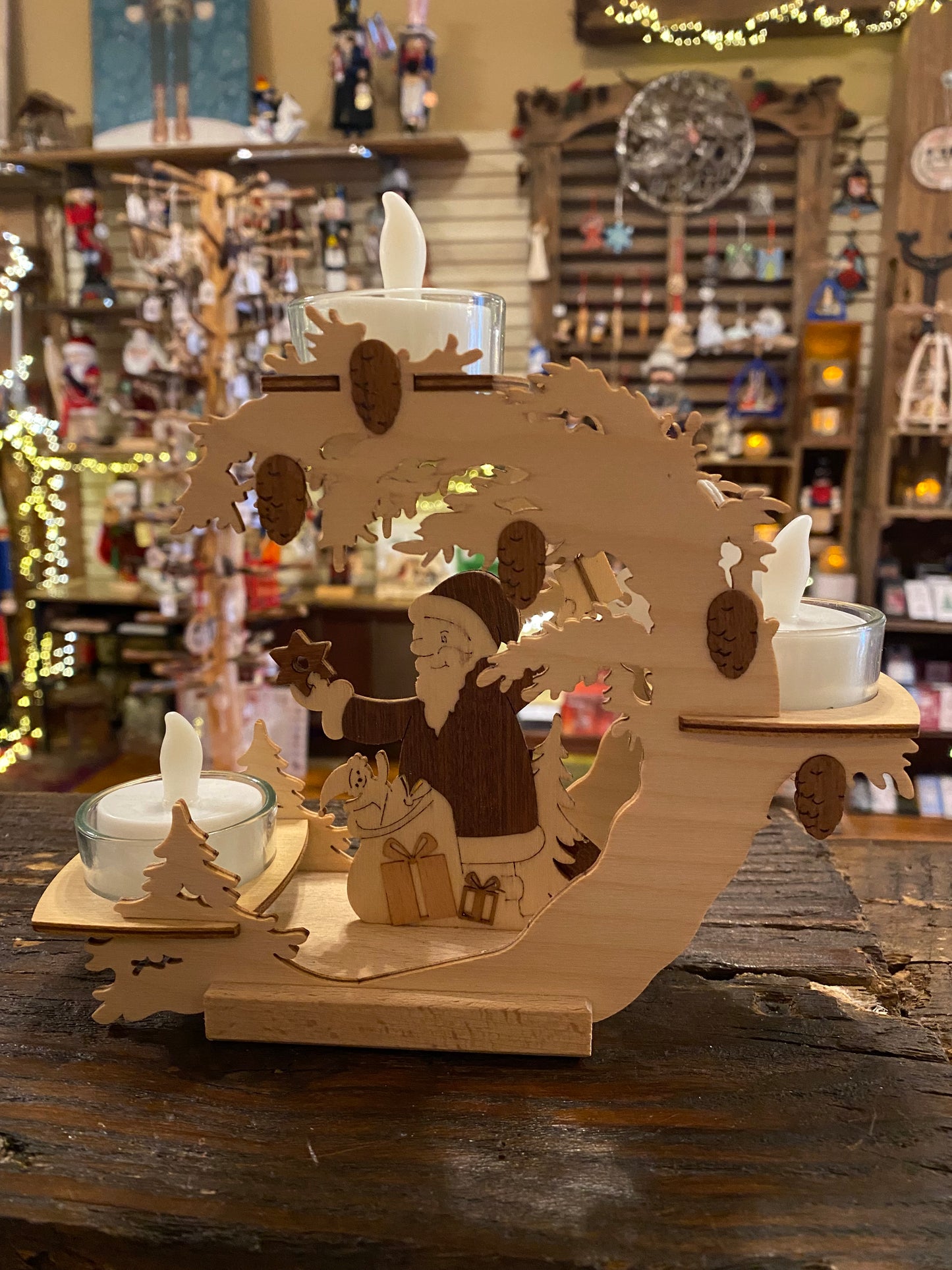 Wooden German-made Tea Light Holder - with Santa