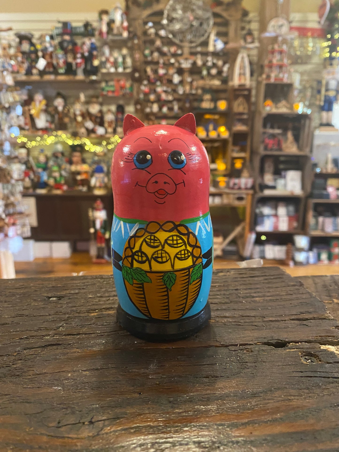 Pig with Basket Nesting Doll - Small