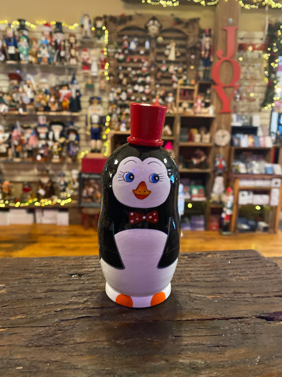 Penguin With Red Top Hat Nesting Doll - Small