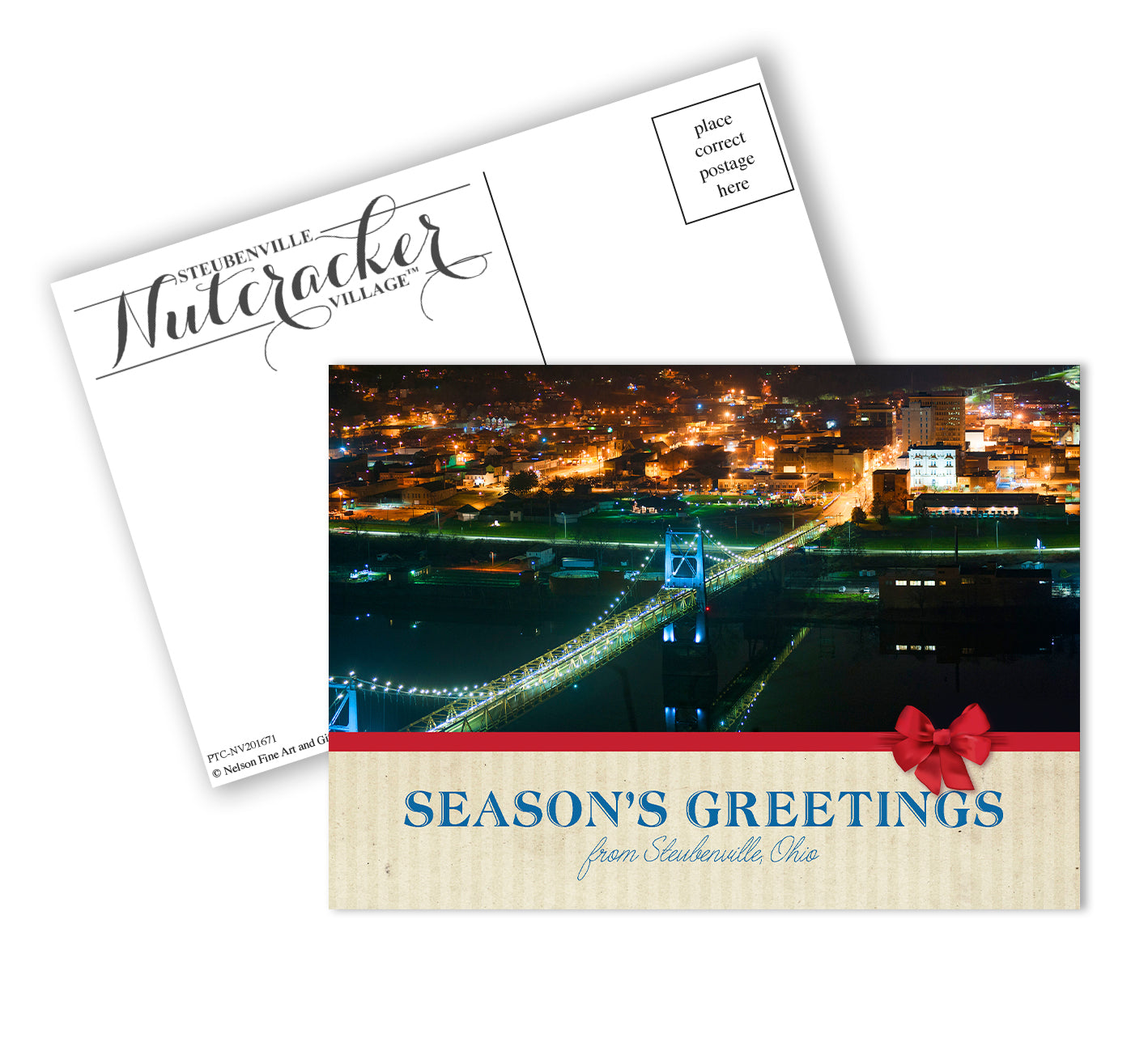 Steubenville with Market St. Bridge at Night Christmas Postcard