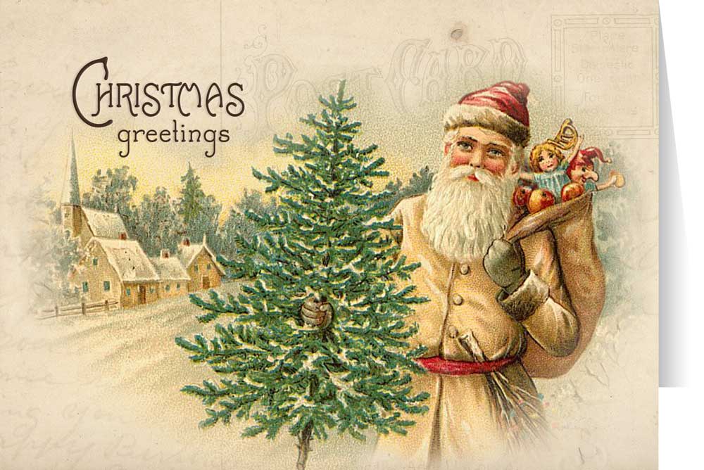 Vintage Santa Carrying Toys and Tree Christmas Cards (Box of 25)