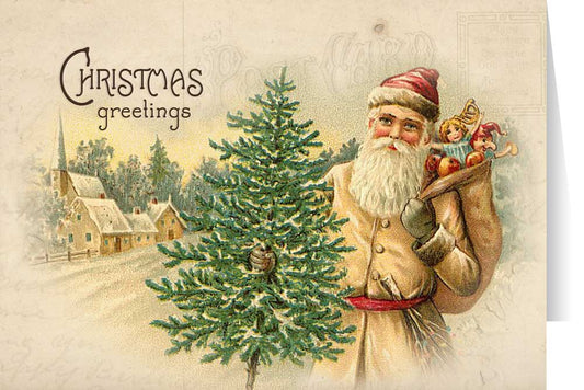 Vintage Santa Carrying Toys and Tree Christmas Cards (Box of 25)