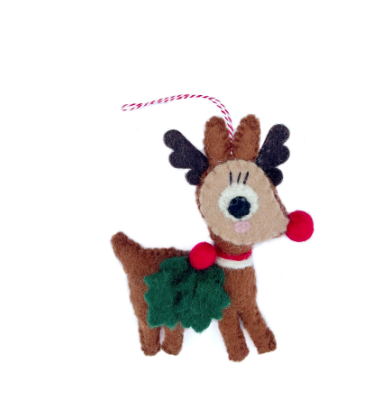 Reindeer with Holly Ornament, Felt Wool