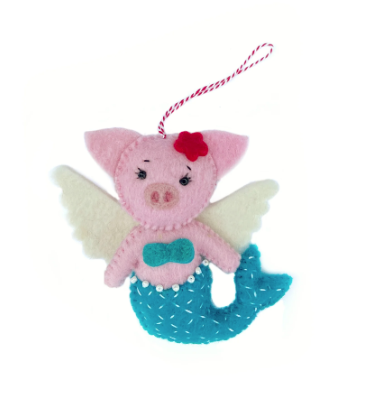 Mermaid Pig Angel Ornament, Felt Wool