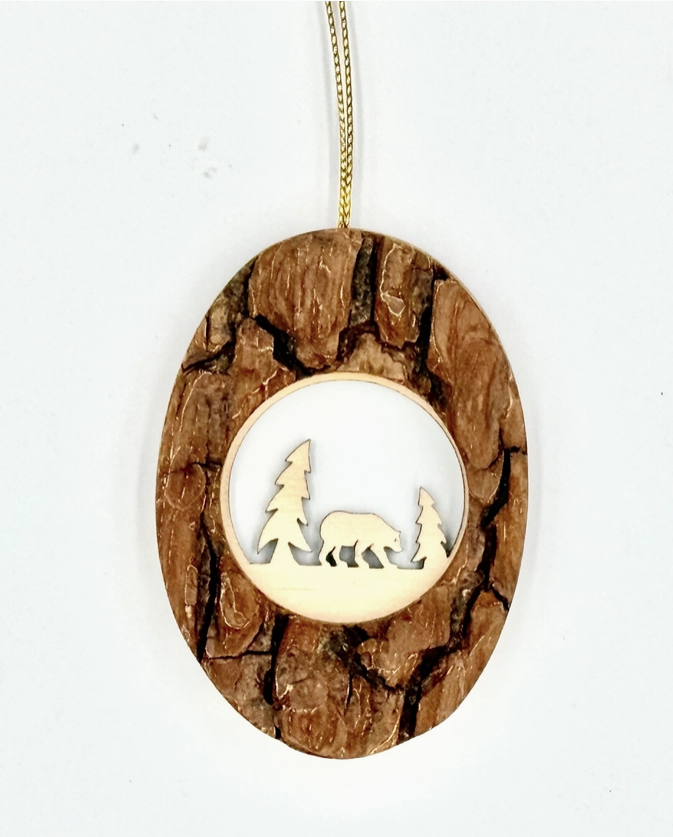 Bark Oval Ornament - Bear