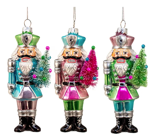 Glass Nutcracker With Sisal Tree Ornaments, 3 Assorted