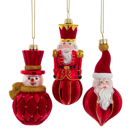 Glass Red & Gold Santa, Snowman & Nutcracker Ornaments, 3 Assorted