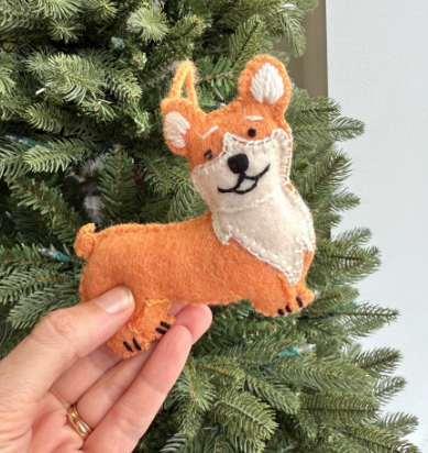 Corgi embroidered wool ornament