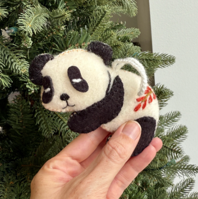 Sleeping Panda Ornament, Embroidered Wool