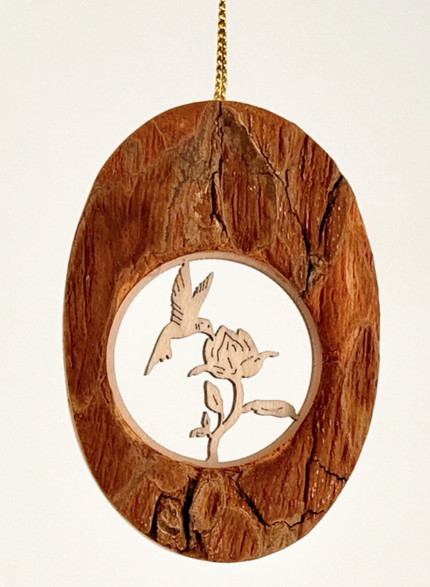 Hummingbird bark oval ornament