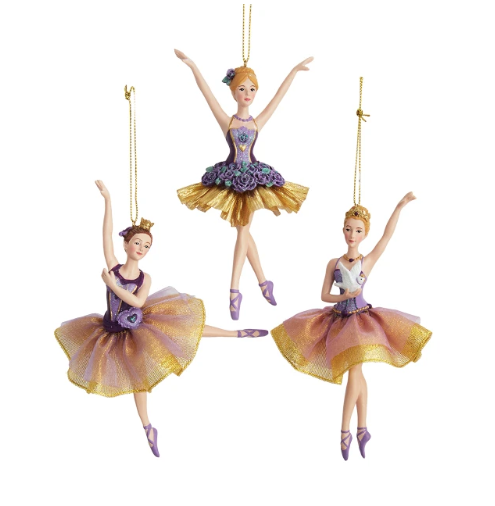 5.75" Purple & Gold Ballerina Ornaments, 3 Assorted