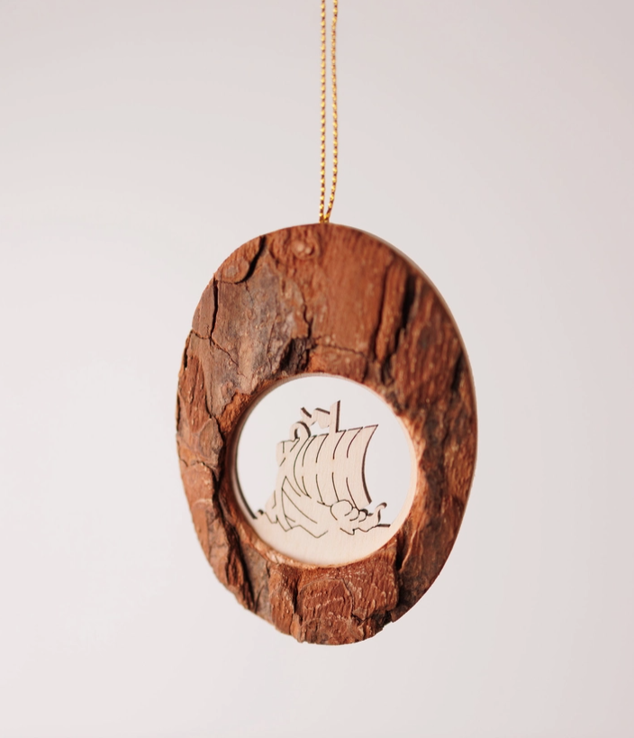 Bark Oval Ornament - Viking Ship