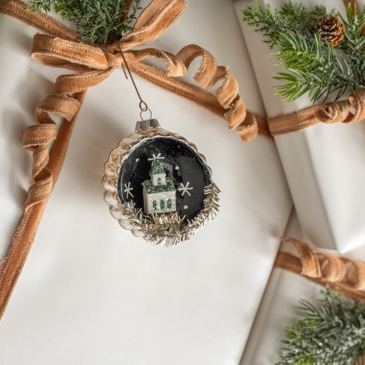 Church Scene Glass Ornament