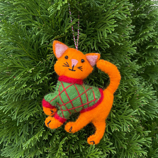 Cat in Sweater, Tan Felt Wool Ornament