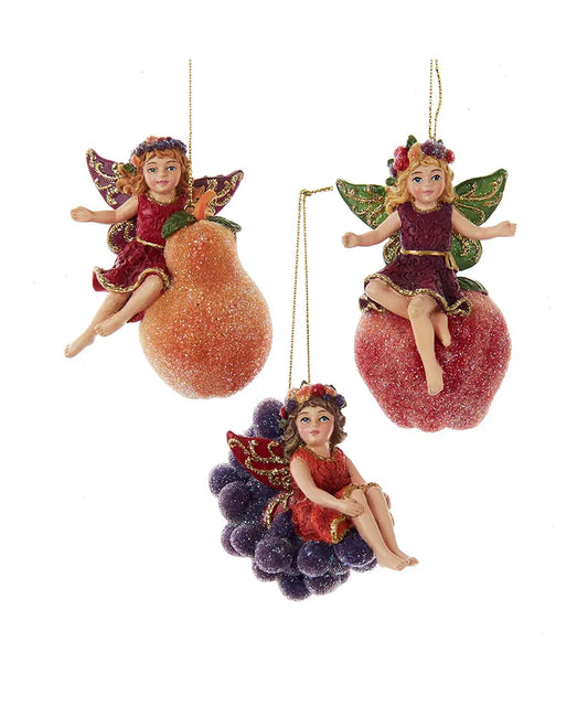 Sugar Frost Fairy On Fruit Ornaments, 3 Assorted
