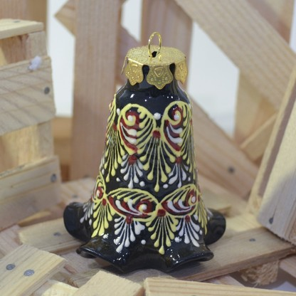 Small bell yellow, red, white ceramic ornament