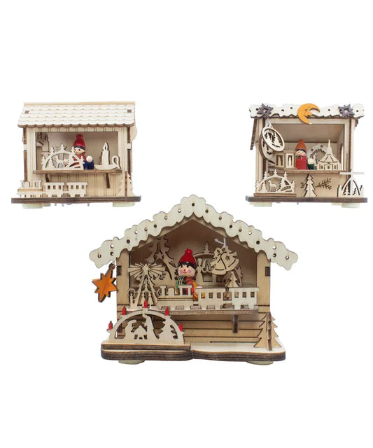 Battery-Operated LED Light-Up Wooden House Table Pieces, Choose from 3 Assorted