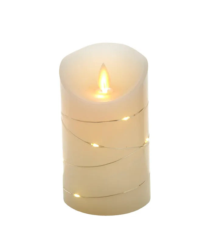 5" Battery Operated Flicker Flame White Candle With Fairy Lights