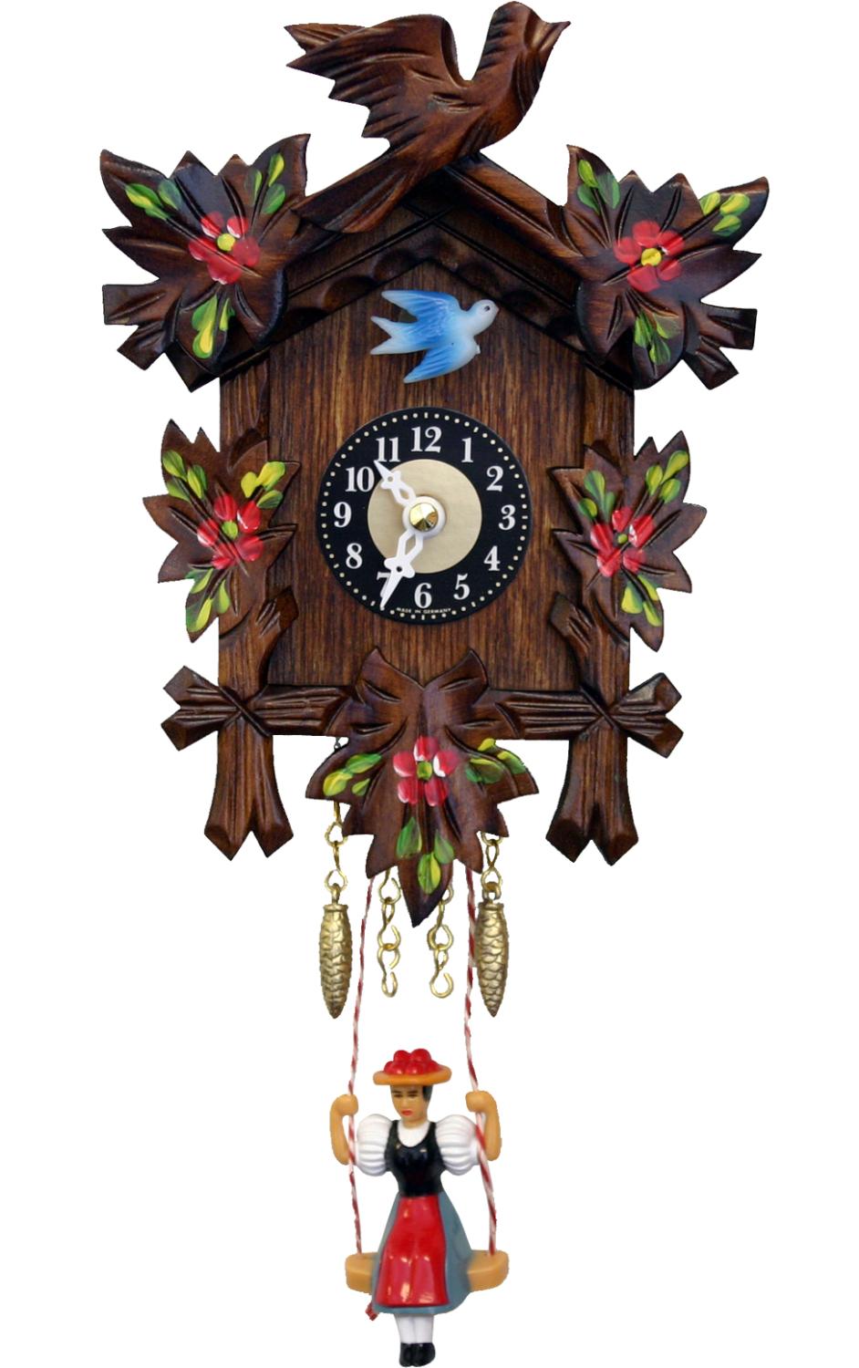 Clock with red flowers and girl swinging