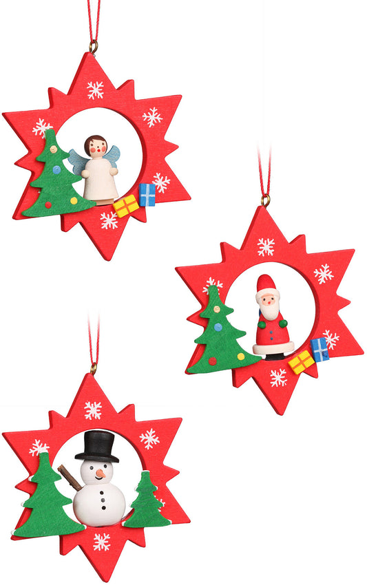 Assorted Red Stars with Snowman/Santa/Angel - German Ornaments