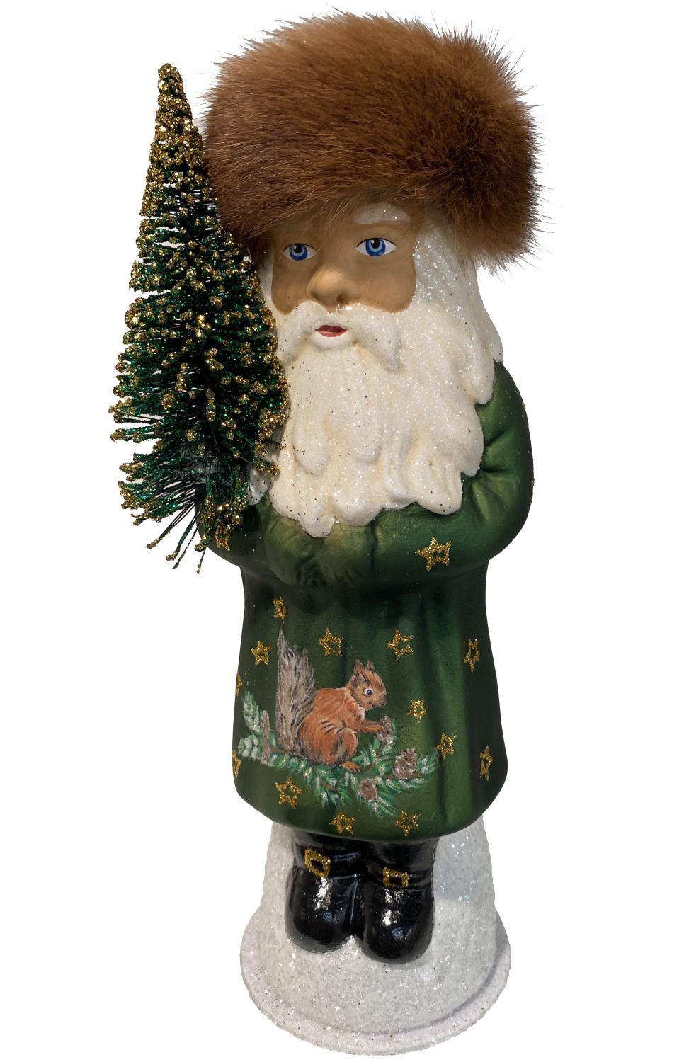 Santa in Green Coat with Squirrel and Fur Hat