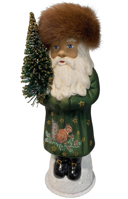 Santa in Green Coat with Squirrel and Fur Hat