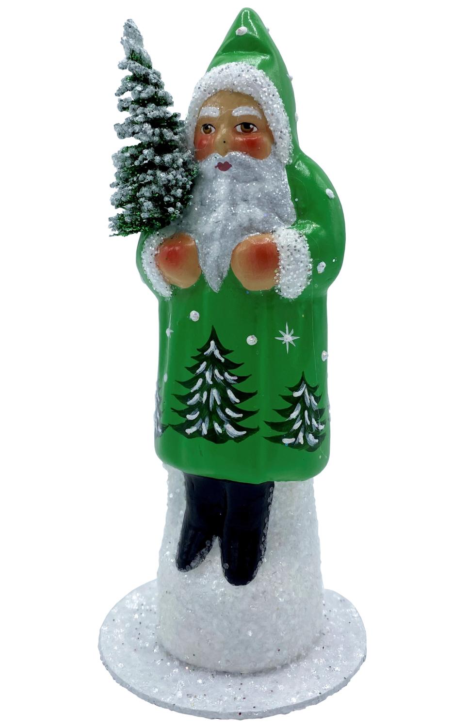 Santa in Shiny Green Coat with Trees