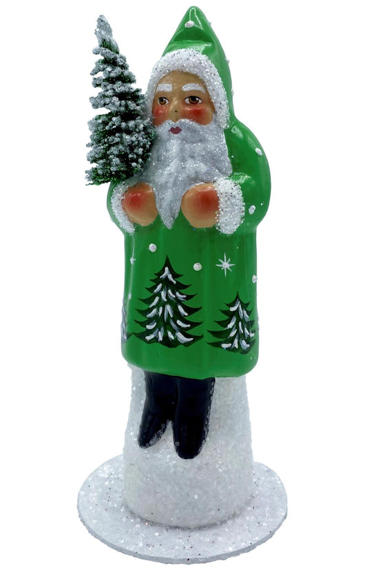 Santa in Shiny Green Coat with Trees - German Made