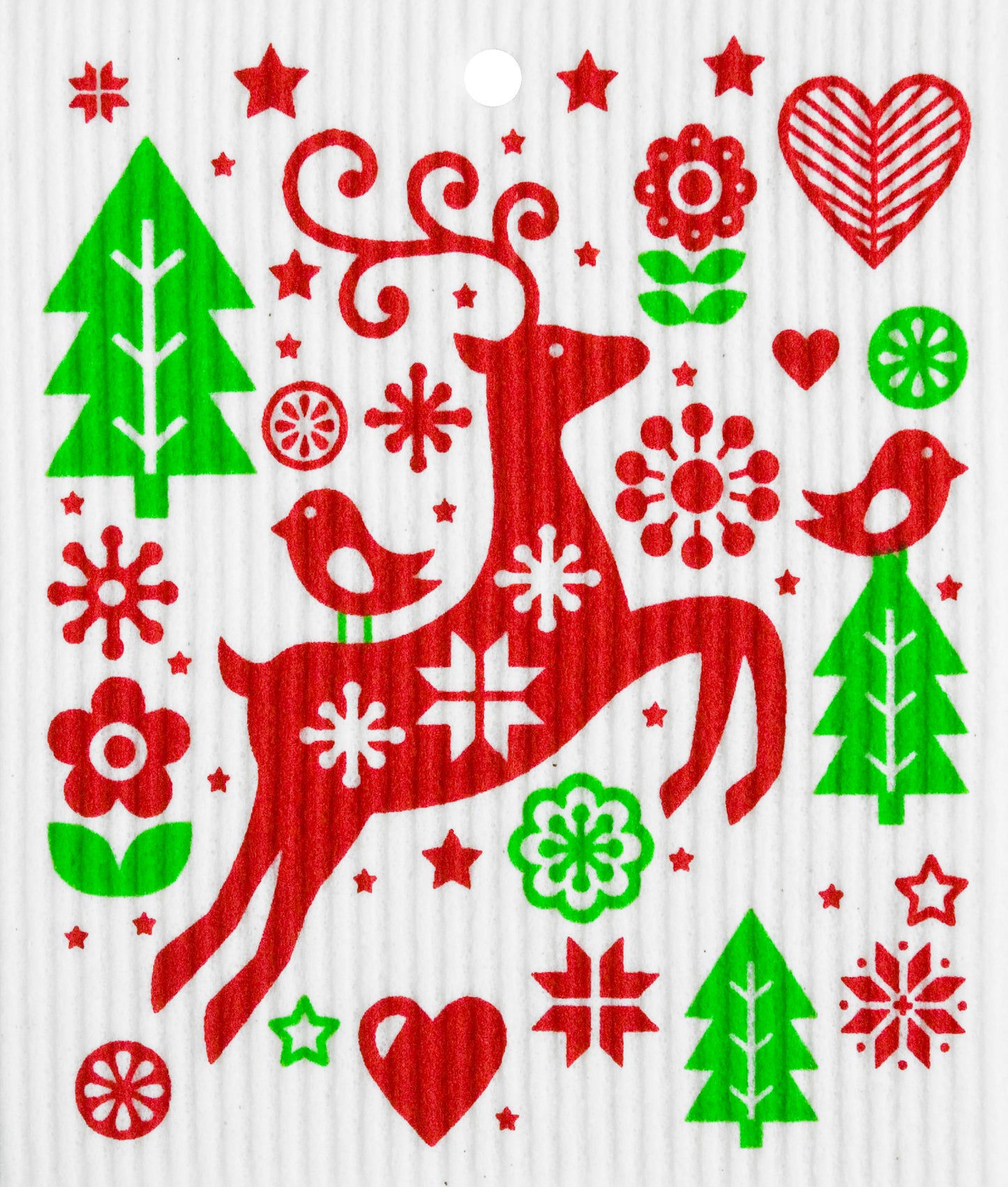 Swedish Wash Towel, Red & Green Jumping Reindeer Pattern