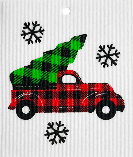 Swedish Wash Towel, Buffalo Plaid Truck w/Tree