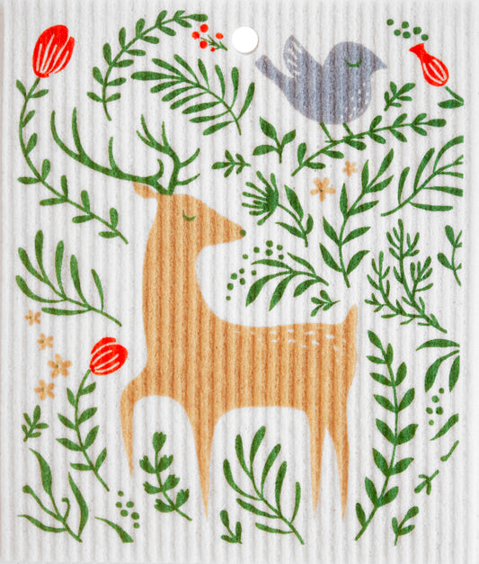 Swedish Wash Towel, Floral Deer & Bird