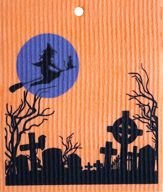 Witch Flying Over Graveyard On Orange Cloth Swedish Wash Towel