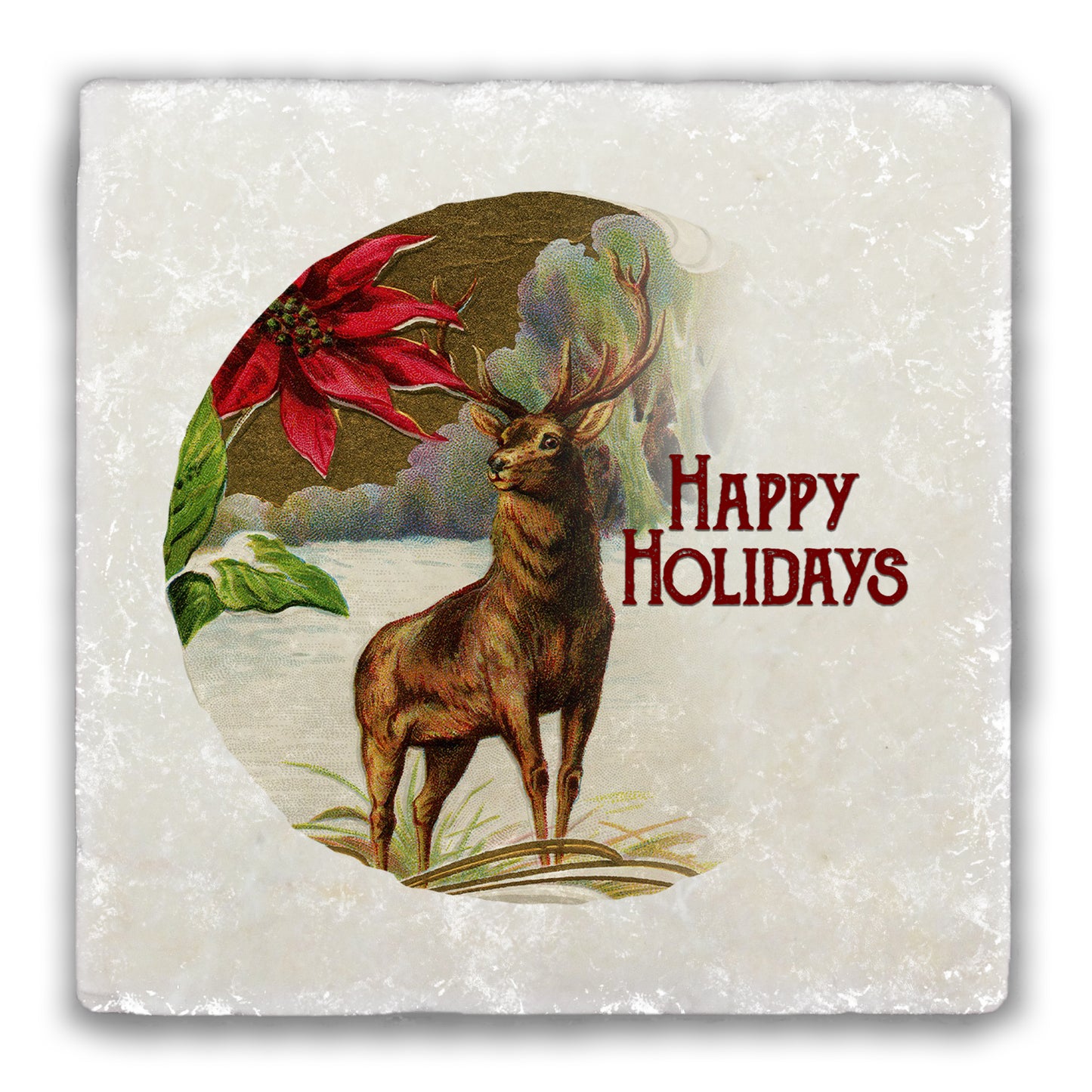 Happy Holidays Deer Tumbled Stone Coaster