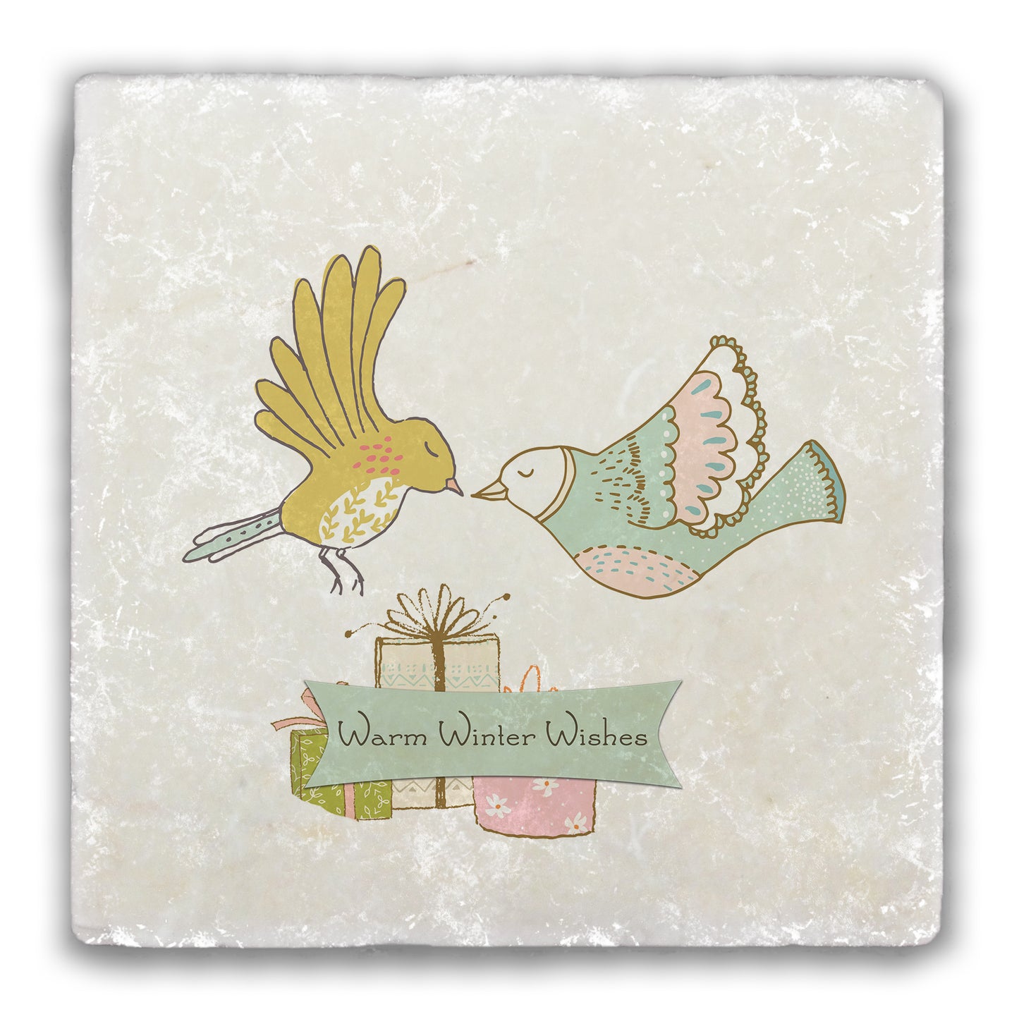 Warm Winter Wishes Birds Tumbled Stone Coaster