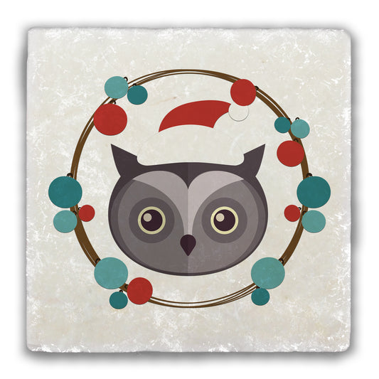 Santa Hat Owl Tumbled Stone Coaster