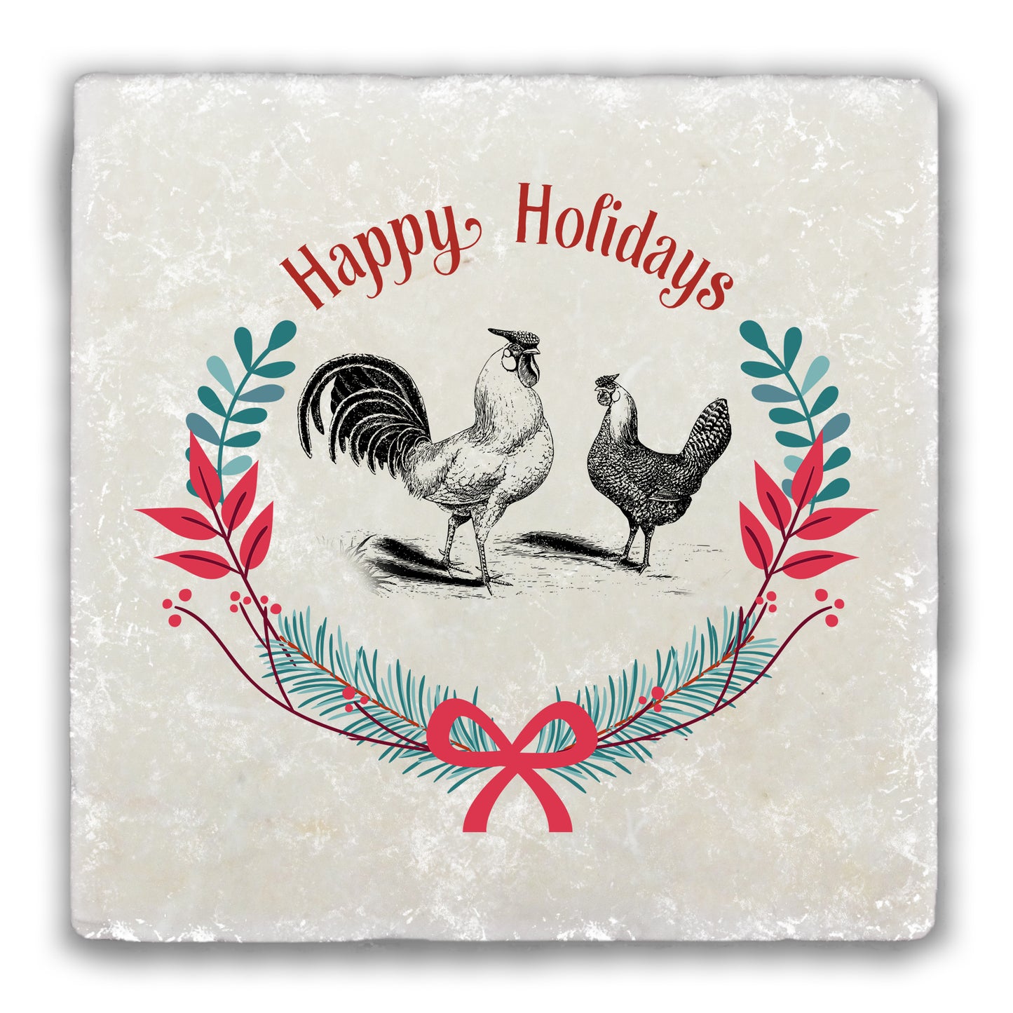 Happy Holidays Chickens Tumbled Stone Coaster