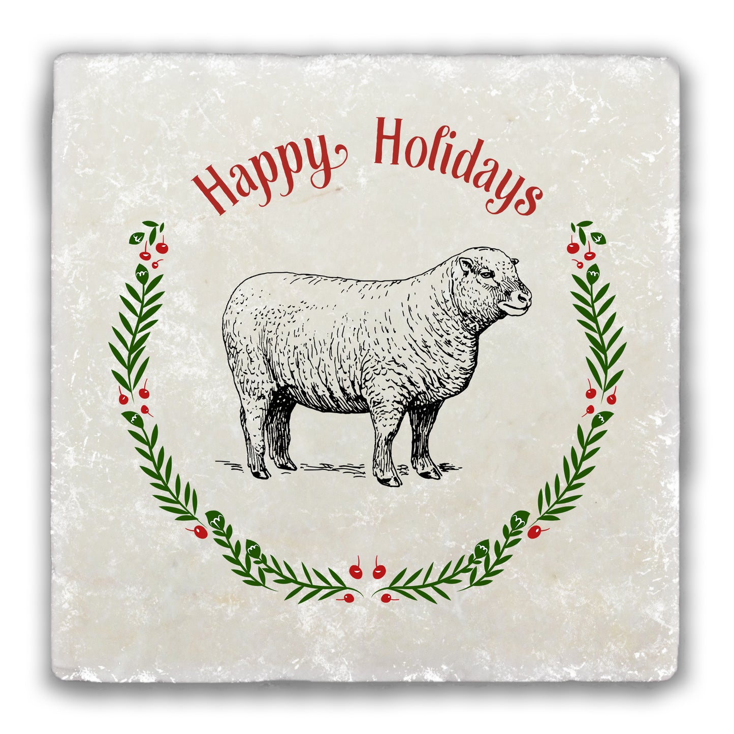 Happy Holidays Sheep Tumbled Stone Coaster
