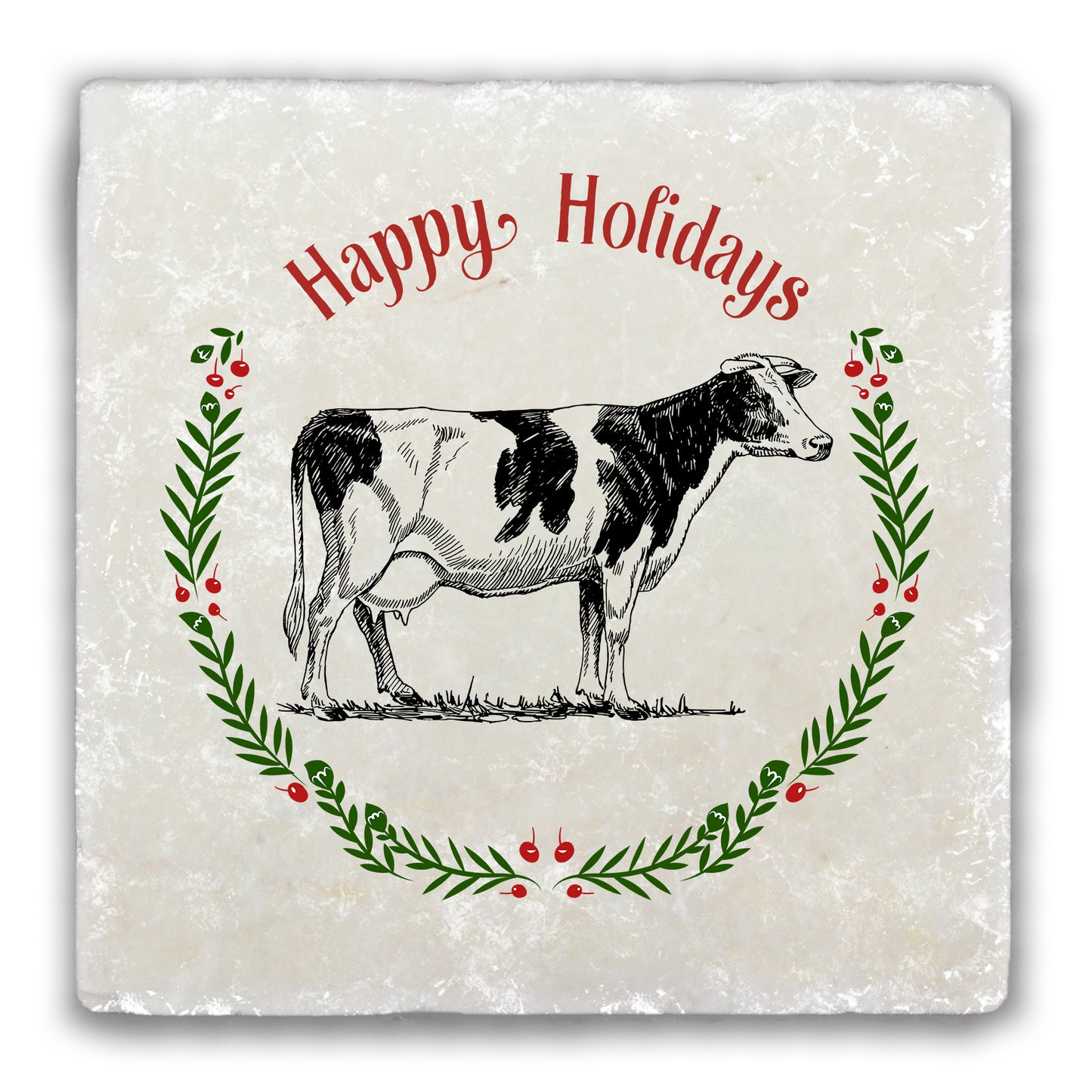 Happy Holidays Cow Tumbled Stone Coaster