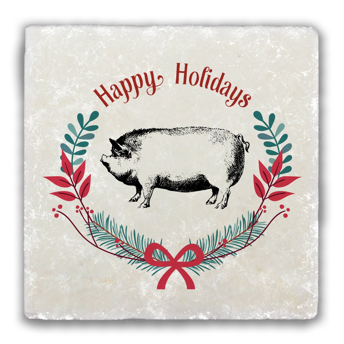 Happy Holidays Pig Tumbled Stone Coaster