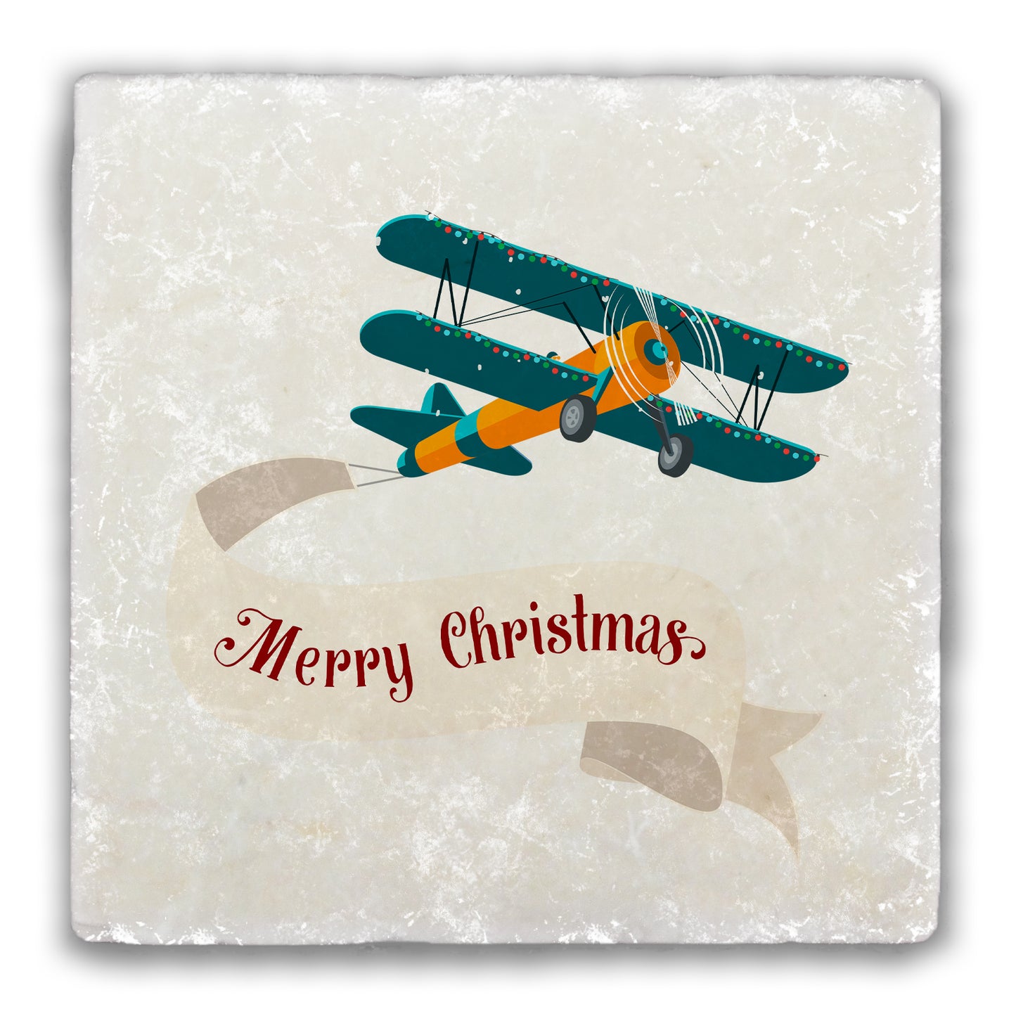 Merry Christmas Plane Tumbled Stone Coaster