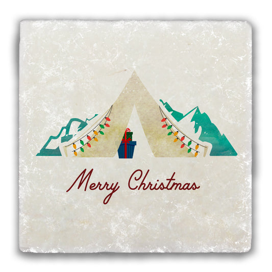 Merry Christmas Tent Tumbled Stone Coaster