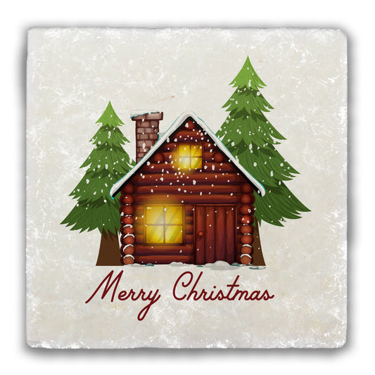 Merry Christmas Log Cabin Tumbled Stone Coaster