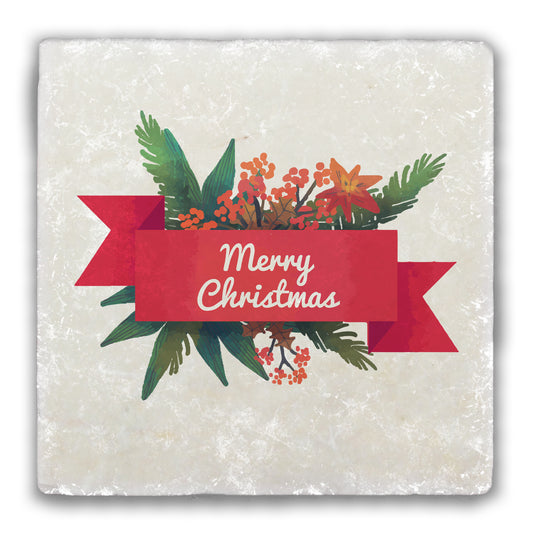 Merry Christmas Banner Tumbled Stone Coaster