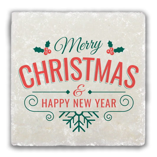 Merry Christmas & Happy New Year Tumbled Stone Coaster